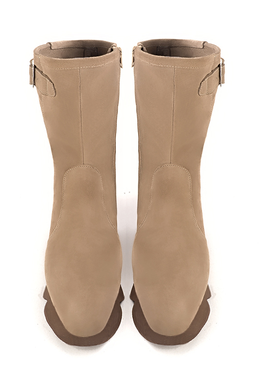 Tan beige women's ankle boots with a zip on the inside. Round toe. Low rubber soles. Top view - Florence KOOIJMAN